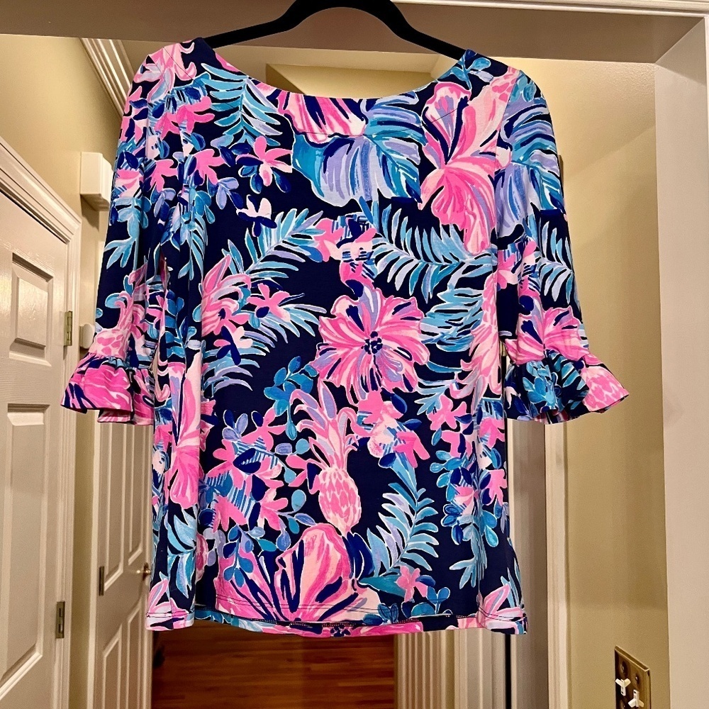 EUC Lilly Pulitzer Waverly Ruffle Top in Multi Garden Get Away Size SMALL